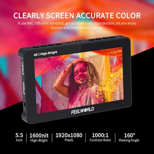 Feelworld فيليوورلد F5 Prox 5.5 إنش 1600 نيت شاشة مراقبة ميدانية لكاميرا DSLR ساطعة عالية اللمس مع موجة ثلاثية الأبعاد LUT F970 مجموعة خارجية للتثبيت للطاقة والنقل اللاسلكي 1920x1080 4K HDMI مدخل ومخرج Type-c - Image 3