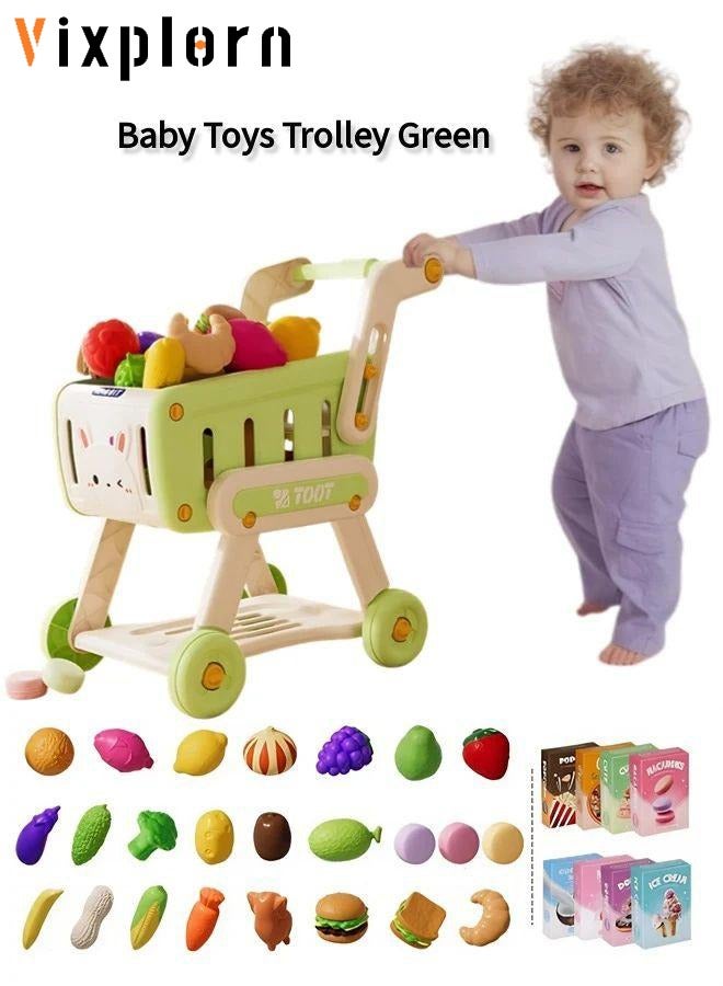 Vixplorn Basic & Life Skills Toys Children's trolley shopping toy, with toy fruits, vegetables and other accessories, role-play, educational games, experience shopping fun (Green model)  - Image 1