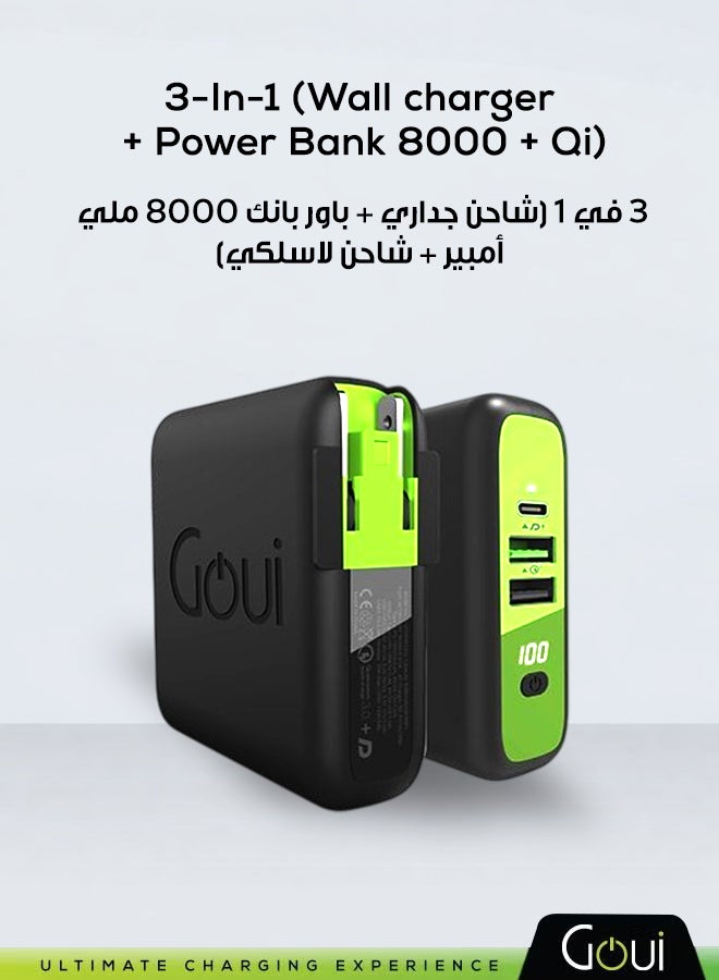 جوي باور بانك مبالا 3 في 1 باور بانك بسعة 8000 ملي أمبير و شاحن لاسلكي و شاحن جداري –  تصميم مدمج وسهل الحمل، مناسب للسفر، يوفر طاقة فورية لشحن أجهزتك في أي وقت وأي مكان، شحن سريع لأجهزة آيفون، سامسونج، جالاكسي، آيباد برو، إيربودز، هواوي، الأجهزة اللوحية، أجهزة تحديد المواقع، مشغلات MP3/MP4، و غيرها الكثير أسود/أخضر - Image 2