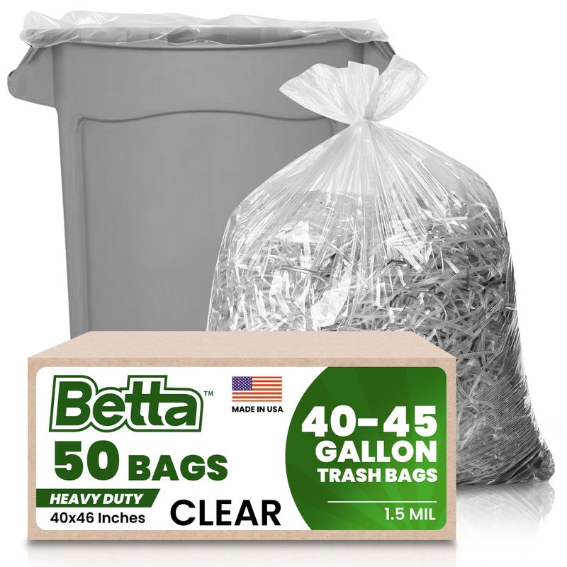 Betta 40-45 Gallon Clear Trash Bags, 50 Count Box, (40x46-inch) Commercial Heavy-Duty Garbage and Recycling Can Liners for 32-44 Gallon Round Cans, 25-35 Gallon Slim and Square Cans - Image 1