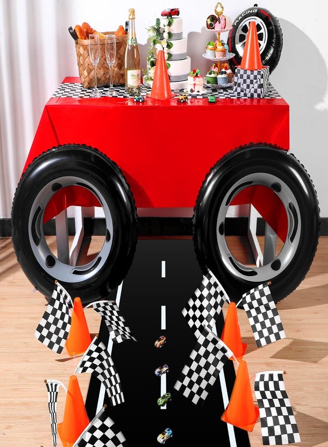 Remagr 24 Pcs Race Car Theme Birthday Party Supplies, 8 Pcs Traffic Cones, 12 Black and White Checkered Flags, 2 27.5" Inflatable Tire Tubes, Black Floor Runner, Checkered Tablecloth(Vivid Style) - Image 4