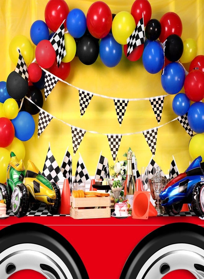 Remagr 24 Pcs Race Car Theme Birthday Party Supplies, 8 Pcs Traffic Cones, 12 Black and White Checkered Flags, 2 27.5" Inflatable Tire Tubes, Black Floor Runner, Checkered Tablecloth(Vivid Style) - Image 5