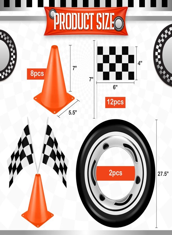Remagr 24 Pcs Race Car Theme Birthday Party Supplies, 8 Pcs Traffic Cones, 12 Black and White Checkered Flags, 2 27.5" Inflatable Tire Tubes, Black Floor Runner, Checkered Tablecloth(Vivid Style) - Image 2