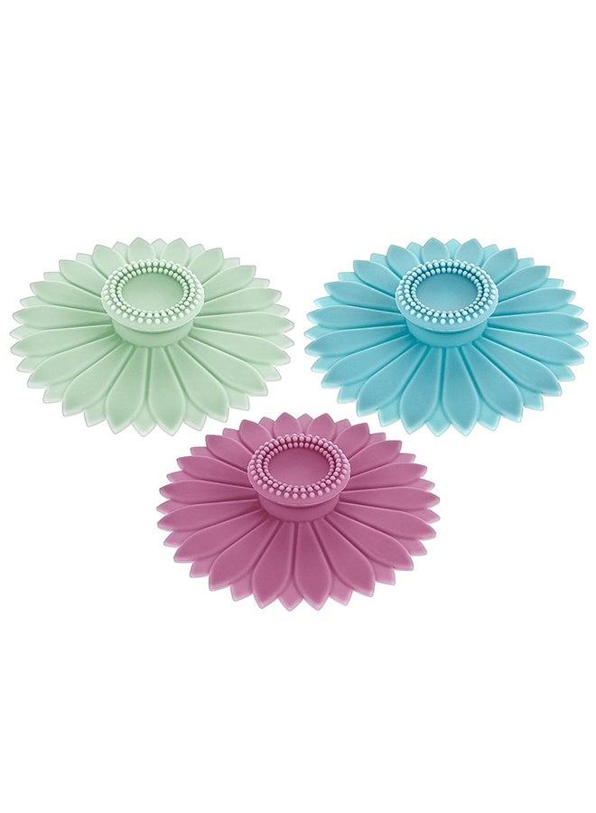 Peachjoy 3 قطع أغطية أكواب سيليكون على شكل دوار الشمس أغطية أكواب محكمة الغلق غطاء عالمي لأكواب الزجاج أداة مقاومة للغبار تناسب إبريق الشاي، القهوة الساخنة، المشروبات، الثلاجة (متعدد الألوان) - Image 1