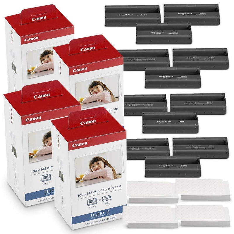 Canon KP-108IN Color Ink and Paper Set Includes Total of 432 Sheets and 12 Ink Cartridges and Fibertique Cleaning Cloth - Image 1