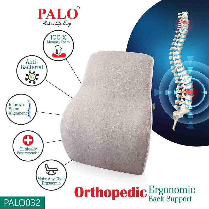 PALO Orthopedic Ergonomic Long Back Support with Memory Foam Black Grey - Image 4