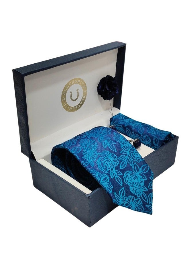BLACKSMITH Jacquard Teal Rose Tie and Pocket Square Set with Cufflink and Matching Flower Lapel Pin | for Men & Women | Pack of 4 - Image 2