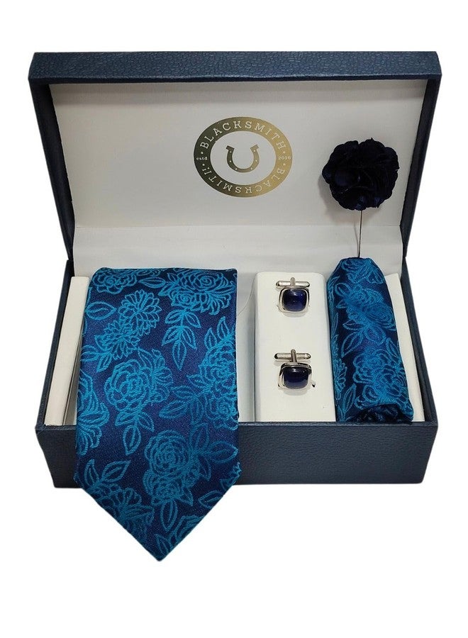 BLACKSMITH Jacquard Teal Rose Tie and Pocket Square Set with Cufflink and Matching Flower Lapel Pin | for Men & Women | Pack of 4 - Image 3