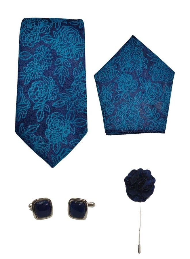 BLACKSMITH Jacquard Teal Rose Tie and Pocket Square Set with Cufflink and Matching Flower Lapel Pin | for Men & Women | Pack of 4 - Image 1