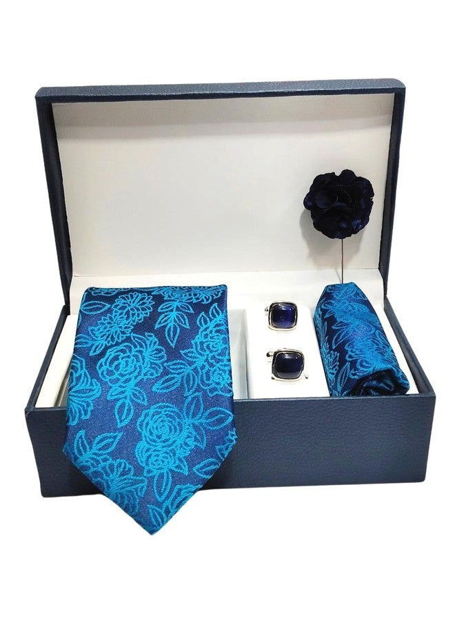 BLACKSMITH Jacquard Teal Rose Tie and Pocket Square Set with Cufflink and Matching Flower Lapel Pin | for Men & Women | Pack of 4 - Image 4
