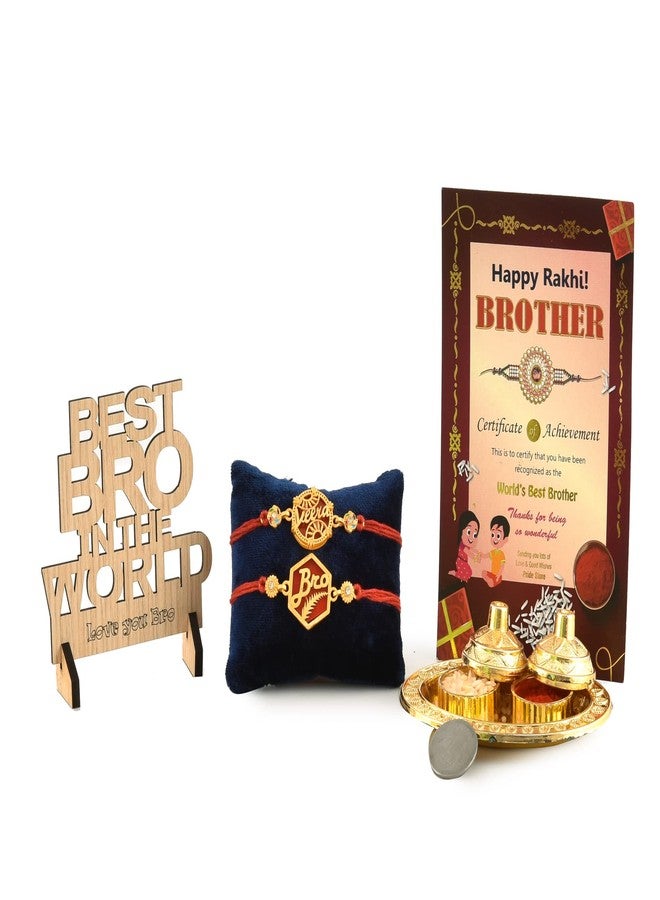 Pride Store Combo of Rakhi for Bro | Best Bro In The World Wooden Showpiece | Thali for Roli and Rice | Achievement Certificate | Rakhi for Bro| Rakhi Gift for Brother - Image 1