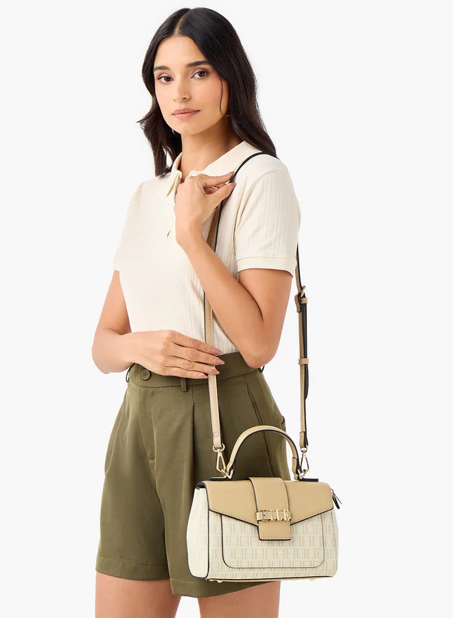 ELLE Monogram Print Satchel Bag with Top Handle