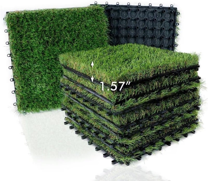 XLX TURF Outdoor Artificial Grass Tiles Interlocking Turf Squares 9 Pack, 12"x12" Fake Grass Mat for Balcony Patio Deck Flooring Decor, Pets Dog Pee Pad, Self-draining 8 Buckle System - Image 1