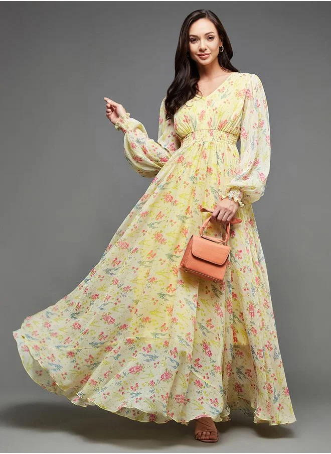 مس تشايس Floral Print V Neck Maxi Dress with Bishop Sleeve by Styli
