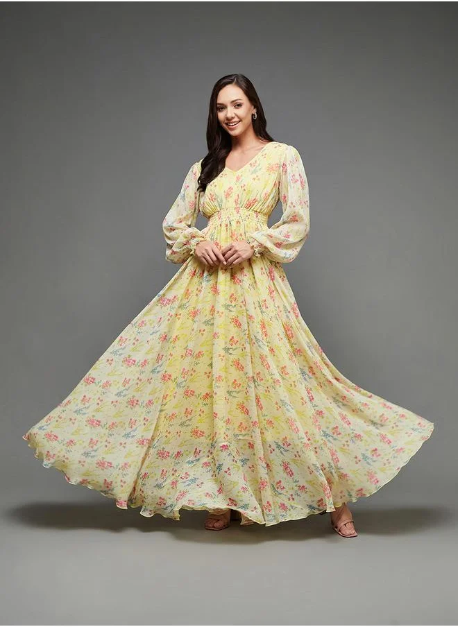 مس تشايس Floral Print V Neck Maxi Dress with Bishop Sleeve by Styli