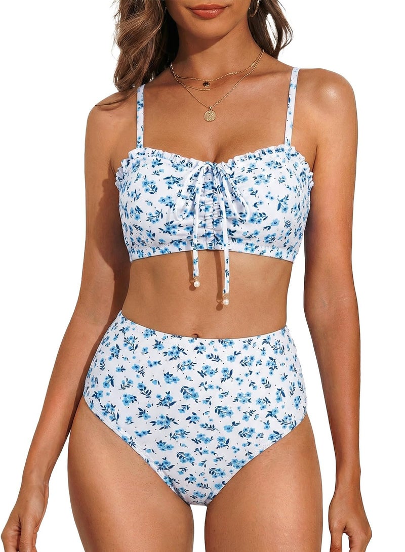 Herseas Two Piece Bikini Sets for Women Ditsy Floral Print Lace Up Front Top Slimming Swimsuits Removable Padding Ruched Ruffle Trim Bathing Suits Chic Resort Essentials Sky Blue Floral Large - Image 1