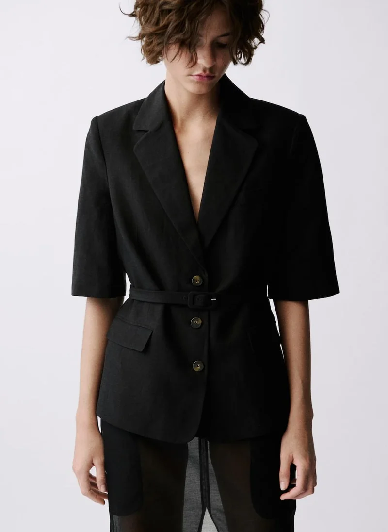 MANGO Linen-Blend Suit Jacket With Belt