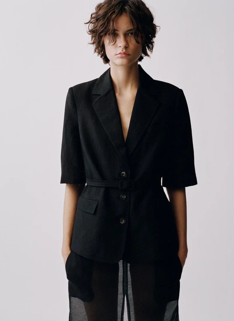 MANGO Linen-Blend Suit Jacket With Belt