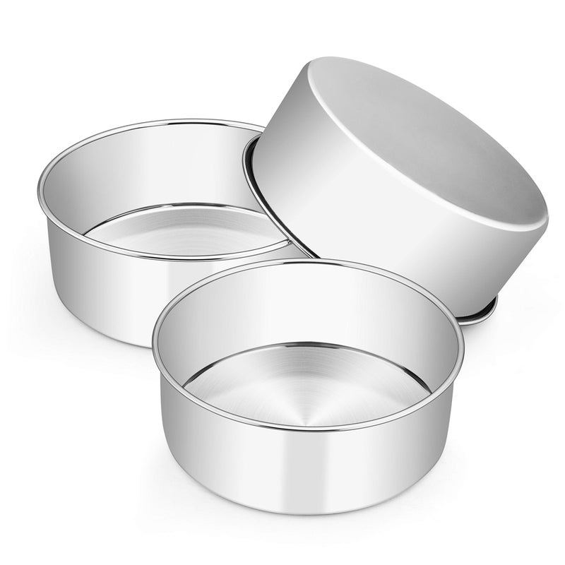 E-far مجموعة قوالب كعك إيفار من 3 قطع 8 × 3 بوصة من الفولاذ المقاوم للصدأ قوالب كعك دائرية عميقة للخبز غير سامة آمنة في غسالة الصحون بلمسة مرآة جوانب مستقيمة