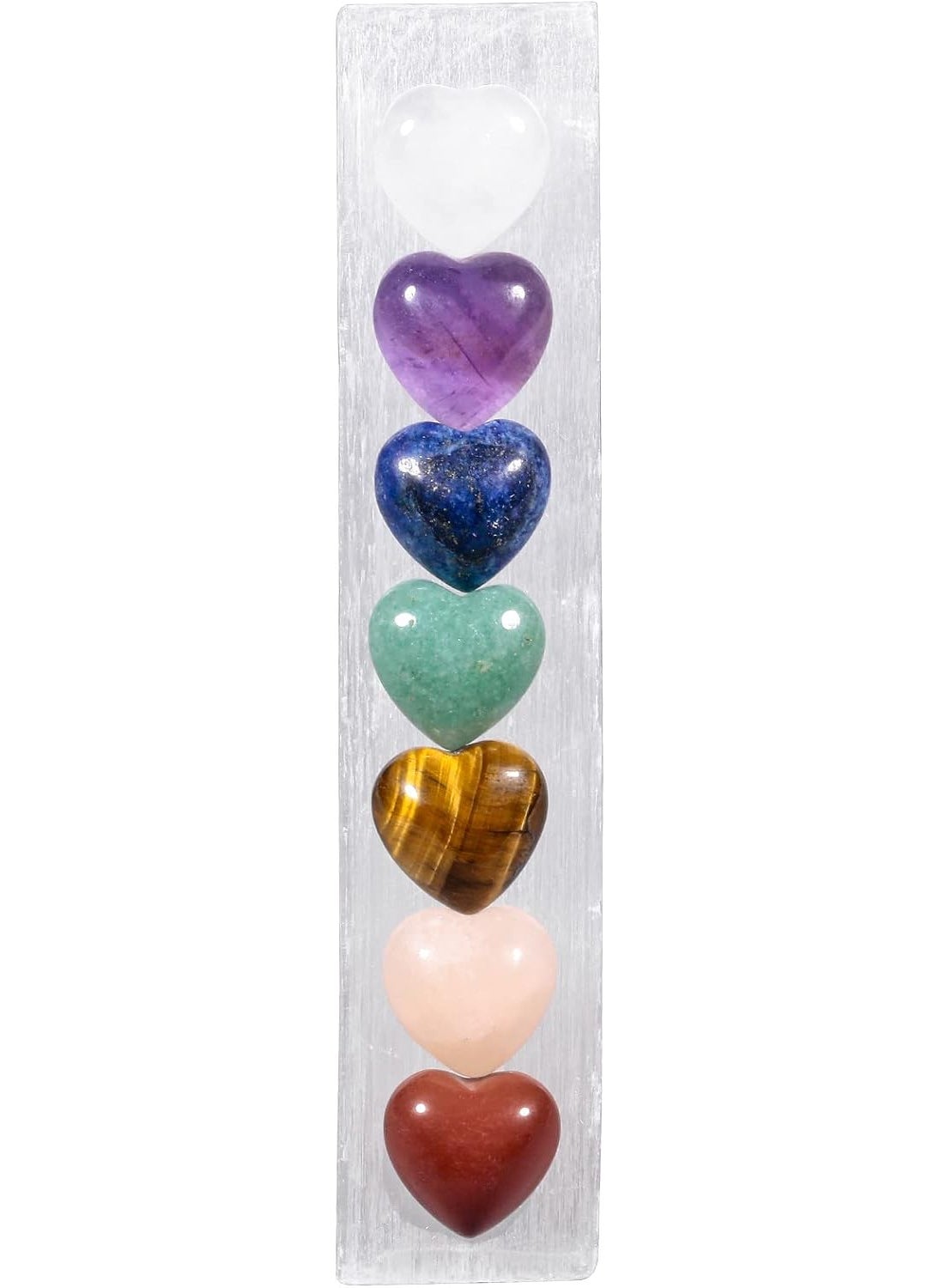 TUMBEELLUWA TUMBEELLUWA 4.37in Selenite Stick with 7 Chakra Crystal Heart Stones Oblong Energy Selenite Wand Glueing with Love Shape Stones for Meditation Yoga and Balancing 