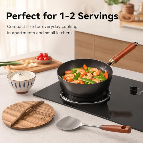 WANGYUANJI 8.7-Inch Carbon Steel Mini Wok, Flat Bottom Small Stir Fry Pan for 1–2 Servings, Uncoated Textured Wok for Gas, Electric, Ceramic & Induction Stoves, with Lid & Spatula - Image 2