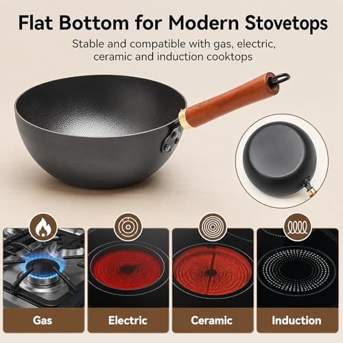 WANGYUANJI 8.7-Inch Carbon Steel Mini Wok, Flat Bottom Small Stir Fry Pan for 1–2 Servings, Uncoated Textured Wok for Gas, Electric, Ceramic & Induction Stoves, with Lid & Spatula - Image 4