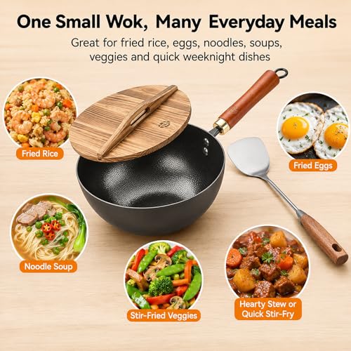 WANGYUANJI 8.7-Inch Carbon Steel Mini Wok, Flat Bottom Small Stir Fry Pan for 1–2 Servings, Uncoated Textured Wok for Gas, Electric, Ceramic & Induction Stoves, with Lid & Spatula - Image 3