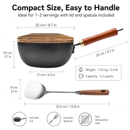 WANGYUANJI 8.7-Inch Carbon Steel Mini Wok, Flat Bottom Small Stir Fry Pan for 1–2 Servings, Uncoated Textured Wok for Gas, Electric, Ceramic & Induction Stoves, with Lid & Spatula - Image 5