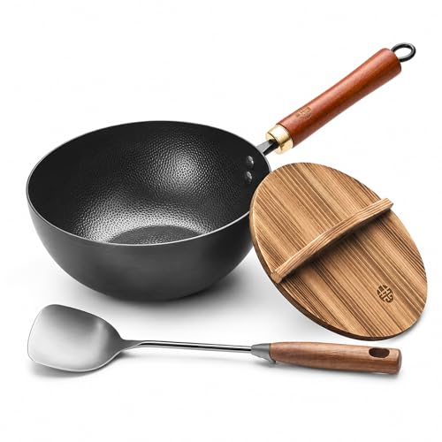 WANGYUANJI 8.7-Inch Carbon Steel Mini Wok, Flat Bottom Small Stir Fry Pan for 1–2 Servings, Uncoated Textured Wok for Gas, Electric, Ceramic & Induction Stoves, with Lid & Spatula - Image 1