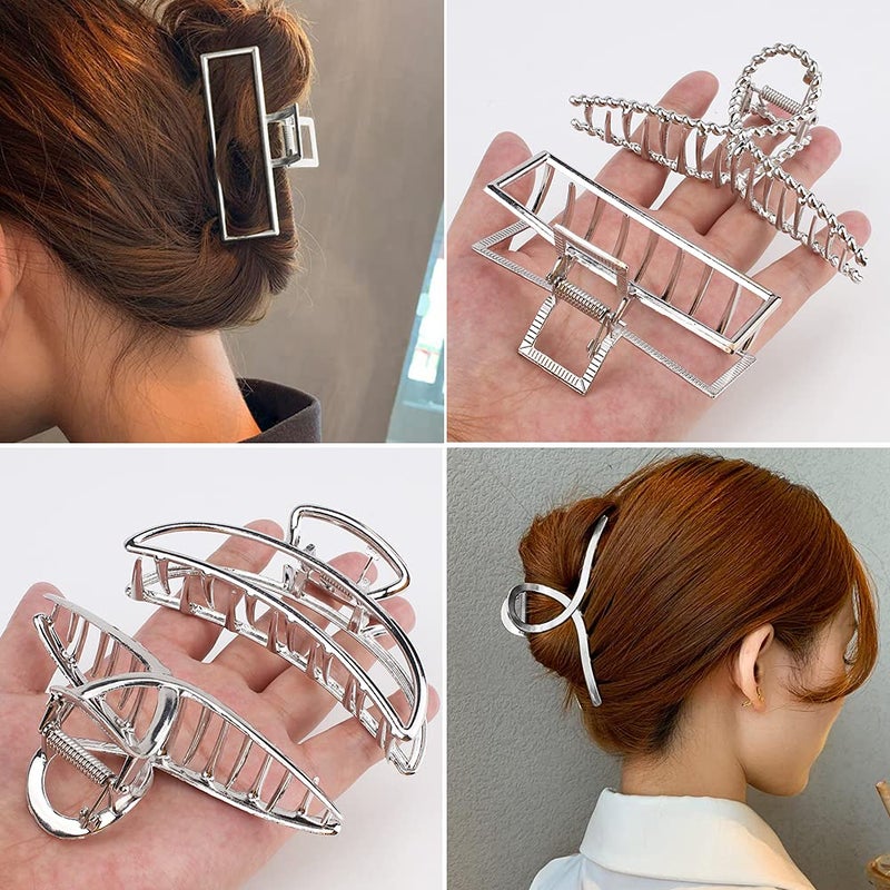 ANBALA Large Metal Butterfly Hair Clips with Teeth - Big Jaw Grip Clamps for Thick Hair, Non-Slip Silver Clamps for Women - Image 3