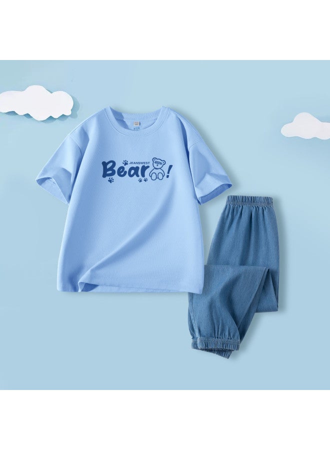 Jeanswest Boys' Sportswear Set Summer Cotton Short Sleeve T-shirt With Mosquito-repellent Pants For Kids - Image 2