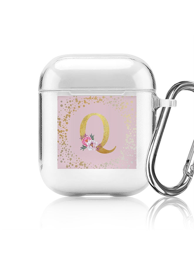 Stylizedd Classic Clear printed Case for Apple Airpods 2 / 1 Soft TPU Gel Thin Transparent Flexible Cover - Custom Monogram Initial Letter Floral Pattern Alphabet - Q (Pink ) - Image 1