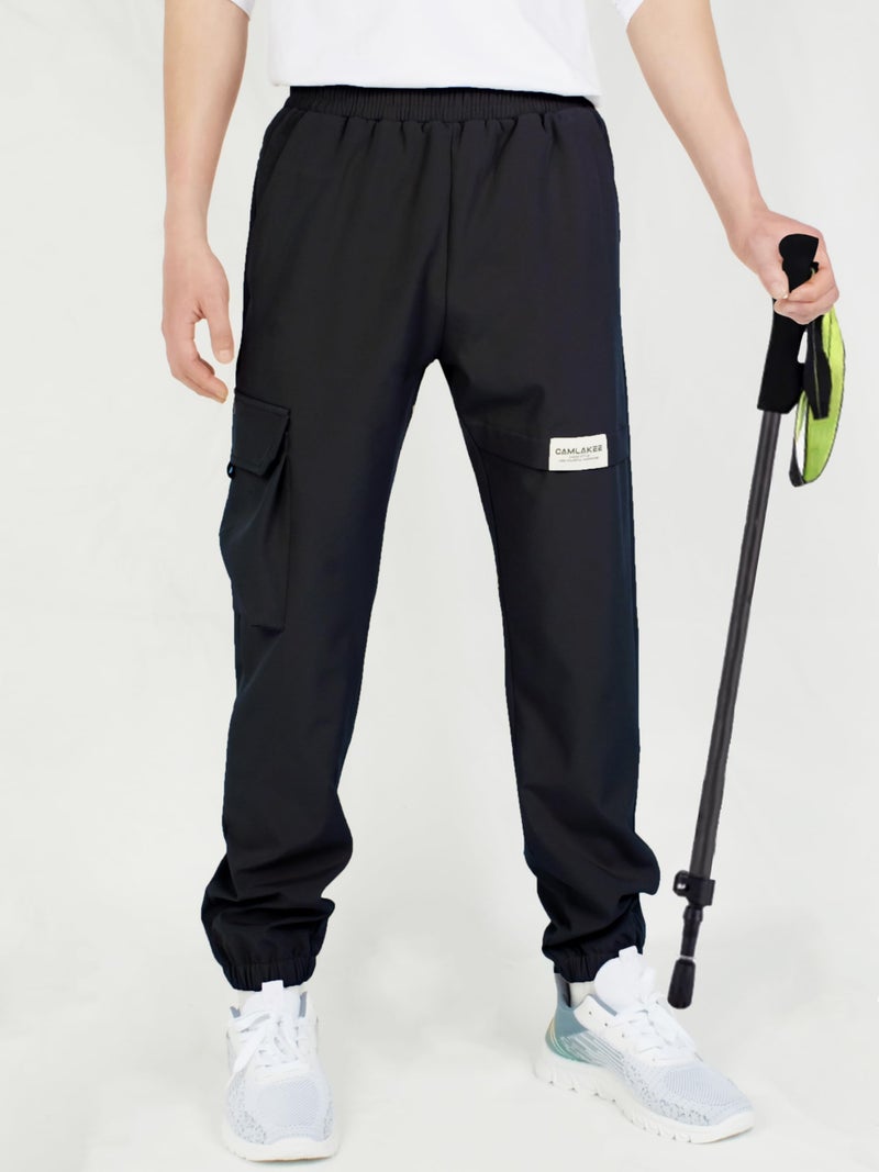 CAMLAKEE Boys' Cargo Joggers Pants Kids Elastic Waist Water Resistant Youth Outdoor Hiking Pants Black 13-14 Years Size 170 - Image 2