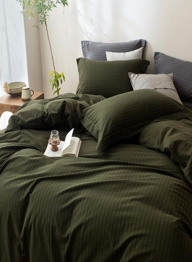 BDEAR Pinstripe Duvet Cover Queen Size 90in x 90in, Oeko Text Standard 100% Washed Cotton Duvet Cover with Zipper Closure and 2 Pillowcases, Stripe:Olive Green-Black - Image 2