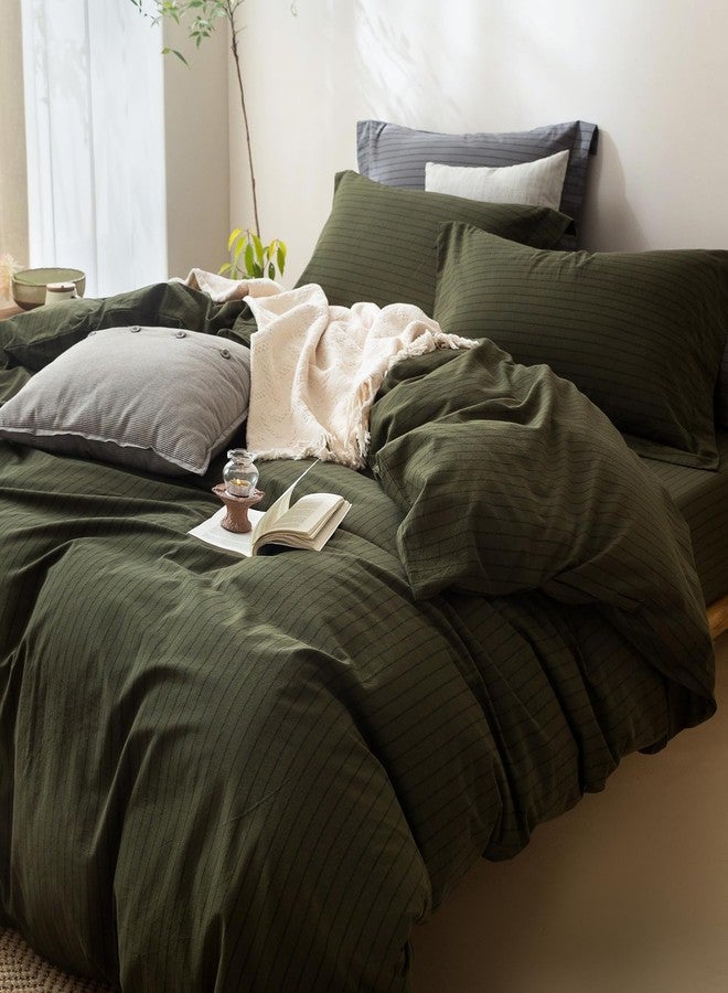 BDEAR Pinstripe Duvet Cover Queen Size 90in x 90in, Oeko Text Standard 100% Washed Cotton Duvet Cover with Zipper Closure and 2 Pillowcases, Stripe:Olive Green-Black - Image 5