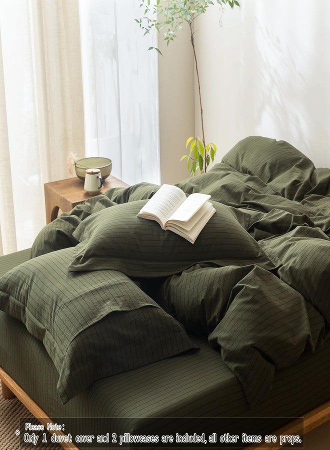 BDEAR Pinstripe Duvet Cover Queen Size 90in x 90in, Oeko Text Standard 100% Washed Cotton Duvet Cover with Zipper Closure and 2 Pillowcases, Stripe:Olive Green-Black - Image 4