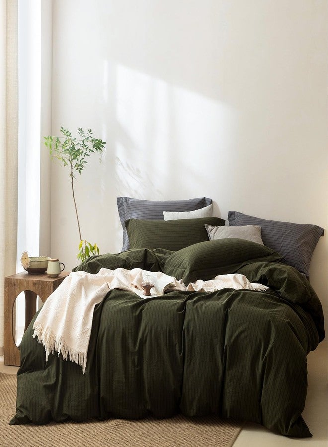 BDEAR Pinstripe Duvet Cover Queen Size 90in x 90in, Oeko Text Standard 100% Washed Cotton Duvet Cover with Zipper Closure and 2 Pillowcases, Stripe:Olive Green-Black - Image 1