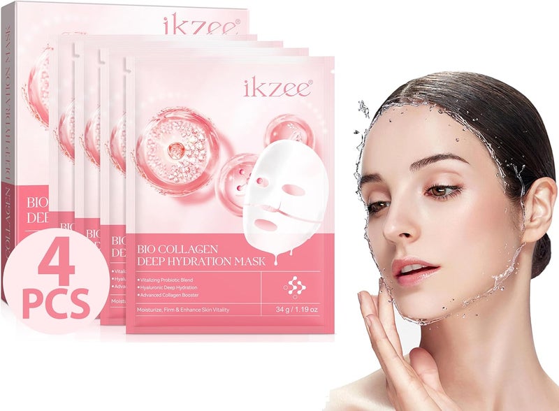 Hydrating Collagen Face Masks Bio-Collagen Real Deep Collagen Overnight Mask with Low Molecular Weight Collagen for Lifting Firming Moisturizing Elasticity Improvement 4 Sheets Per Box - Image 1