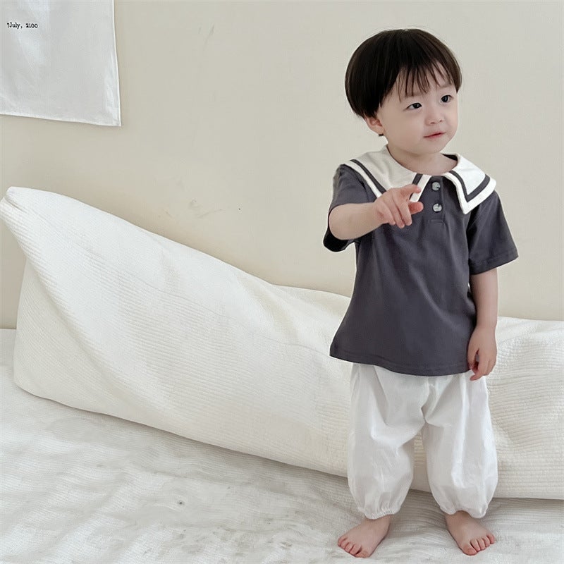 Boys Summer Wear Thin Korean Style Childrens Wear Baby Summer Academy Style Lapp T-Shirt Anti-mosquito Pants Set Baby Clothes Grey T-Shirt