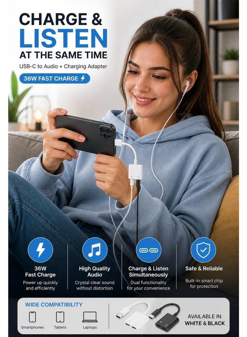 محول Type-C إلى صوت + شحن – يدعم 36W – تشغيل واستماع بنفس الوقت بدون مشاكل (لون  أبيض وأسود) - Image 5