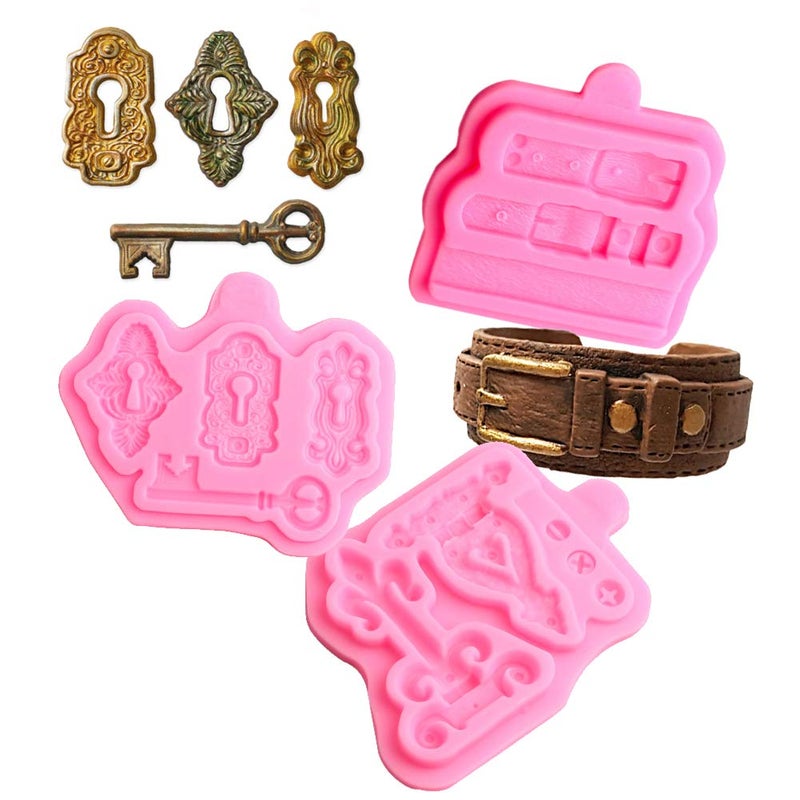 muyulin Lock Key Fondant Mold Silicone 3 Pack Belt Clay Screws Straps Mold for Chocolate Cake Decorating Cupcakes Sugarcraft Pastry Polymer Clay Resin in Baby Birthday Party
