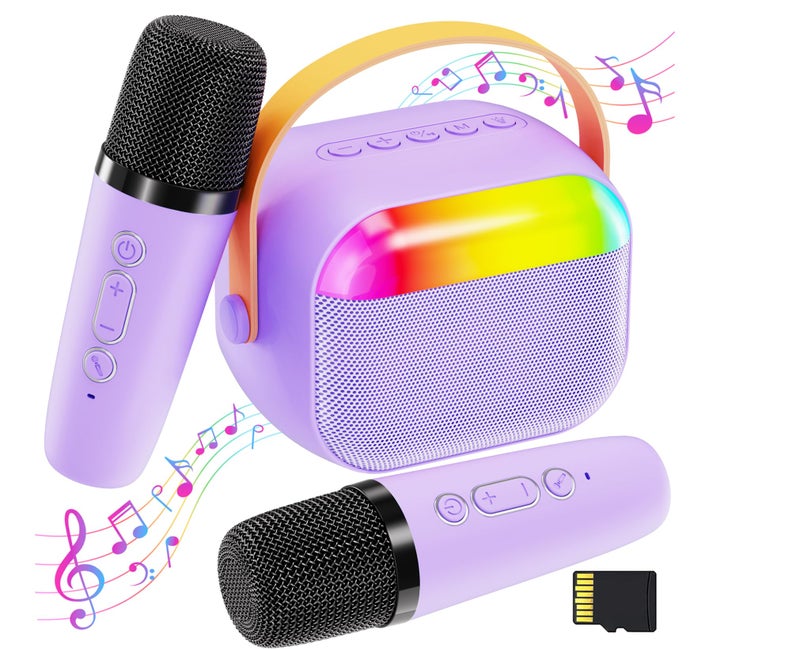 FunMission Karaoke Machine for Kids with Memory Card Portable Bluetooth Speaker with 2 Wireless Microphones Kids Microphone for 4 5 6 7 8 9 10 Years Old Christmas Birthday Present for GirlsPurple - Image 3