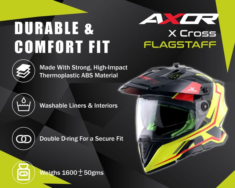 Axor X-Cross Flagstaff ISI ECE and DOT Certified Premium Off-Road Full Face Helmet with Pinlock Fitted Dual Visors and Stylish Peak-Neon Yellow Black-XL - Image 3