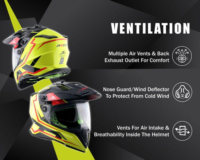 Axor X-Cross Flagstaff ISI ECE and DOT Certified Premium Off-Road Full Face Helmet with Pinlock Fitted Dual Visors and Stylish Peak-Neon Yellow Black-XL - Image 5