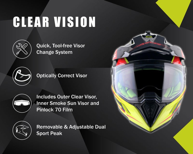 Axor X-Cross Flagstaff ISI ECE and DOT Certified Premium Off-Road Full Face Helmet with Pinlock Fitted Dual Visors and Stylish Peak-Neon Yellow Black-XL - Image 4