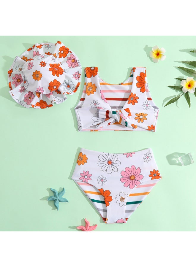 Children's Swimsuit Suit 2023 Girls Split Two-sided Swimsuit Direct Supply Can Be Distributed-Color:Pink Flower Swimsuit Three-piece + Hat- - Image 3