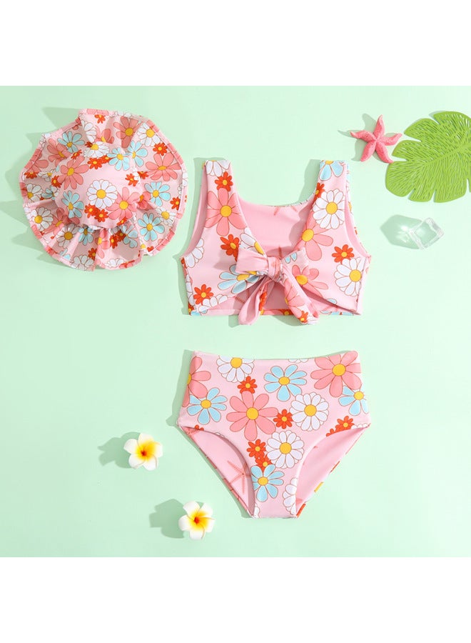 Children's Swimsuit Suit 2023 Girls Split Two-sided Swimsuit Direct Supply Can Be Distributed-Color:Pink Flower Swimsuit Three-piece + Hat- - Image 2