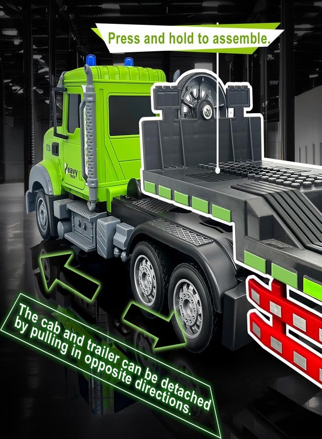 SNACKTANT 11 Channel RC Semi Truck & RC Excavator Toy Set, 1:12 Remote Control Flatbed Truck with Trailer, Engineering Vehicle with Sound & Lights, Alloy Bucket Excavator Toys, Great Gift for Boys Kids - Image 4