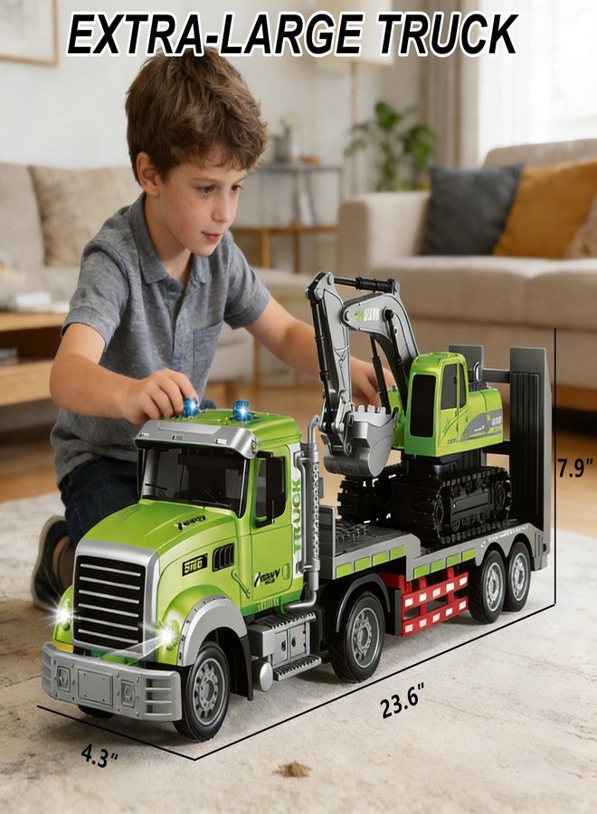 SNACKTANT 11 Channel RC Semi Truck & RC Excavator Toy Set, 1:12 Remote Control Flatbed Truck with Trailer, Engineering Vehicle with Sound & Lights, Alloy Bucket Excavator Toys, Great Gift for Boys Kids - Image 5