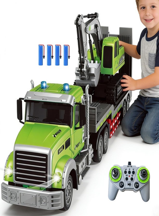 SNACKTANT 11 Channel RC Semi Truck & RC Excavator Toy Set, 1:12 Remote Control Flatbed Truck with Trailer, Engineering Vehicle with Sound & Lights, Alloy Bucket Excavator Toys, Great Gift for Boys Kids - Image 1